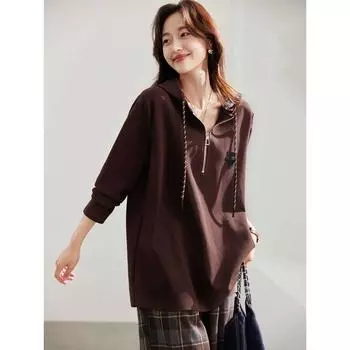 Осень-зима Новые Большие Размеры Женские Пуловеры С Капюшоном Повседневные Топы Футболки Однотонные Модные Свободные Рубашки M коричневый