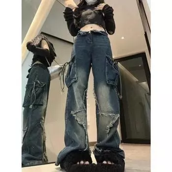 Осень-зима Новые джинсы-карго женские Американские джинсы High Street Straight Barrel женские брюки с вышивкой в виде пятиконечной звезды S синий
