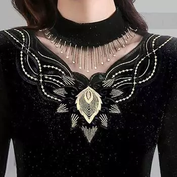 Осень-зима, новые кружевные футболки, сетчатая рубашка с высоким воротником и низом для женщин, пуловеры с длинными рукавами, топ M-5XL M золотой