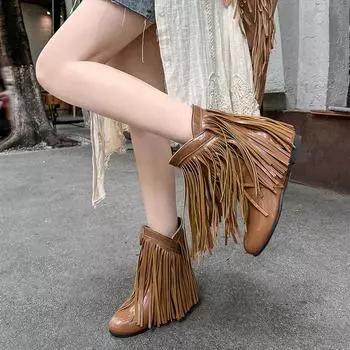 Осень-зима Новые модные теплые пушистые ботильоны женские с круглым носком повседневные плоские туфли с увеличенной высотой и кисточками с бахромой Botas De Mujer 6