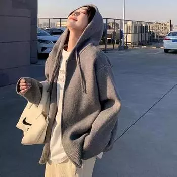 Осень-зима Новые модные толстовки с капюшоном с длинным рукавом Однотонный кардиган Женская одежда Универсальные корейские карманы на молнии Вязаные шикарные топы S серый