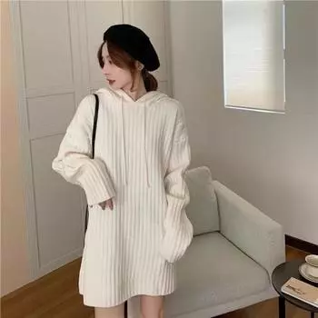 Осень-зима Новые модные толстовки с капюшоном Длинные рукава Однотонные свитера Женская одежда Корейский тренд Вязание на шнурке Простота Топы S серый