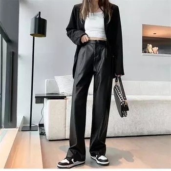 Осень-зима, новые модные женские прямые брюки из искусственной кожи с высокой талией, винтажные свободные женские брюки из искусственной кожи, широкие брюки XS чёрный