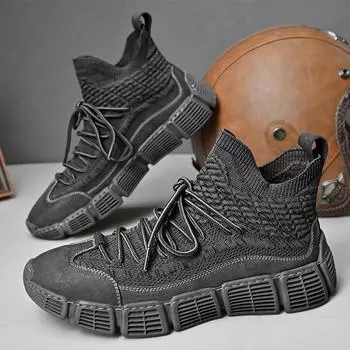 Осень-зима Новые мужские высокие повседневные туфли Вязаные ботильоны Мужские носки Ботинки Деловые короткие ботинки Универсальные Бесплатная доставка 38 серый