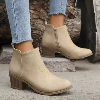 Осень-зима Новые носки по щиколотку Обувь Женские ковбойские ботильоны с вышивкой в стиле вестерн Ботильоны на толстом каблуке Среднего каблука с низким вырезом Ботинки с боковой молнией 36 белый