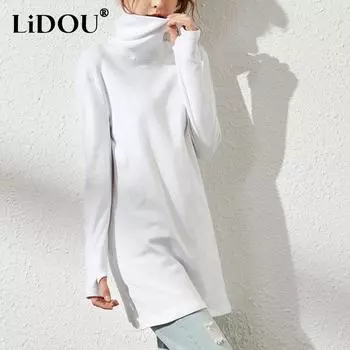 Осень-зима Новые однотонные модные футболки с длинным рукавом для женщин, повседневные свободные свитера средней длины в корейском стиле L белый