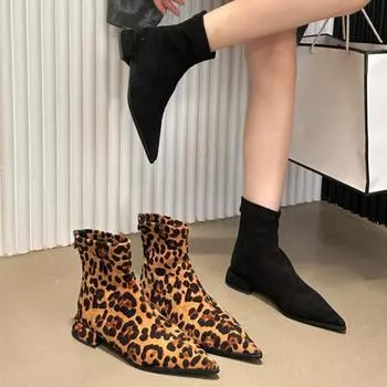 Осень/зима Новые сексуальные леопардовые туфли с острым носком, модные прогулочные туфли с молнией сзади, женские удобные ботильоны на квадратном каблуке Mujer 35