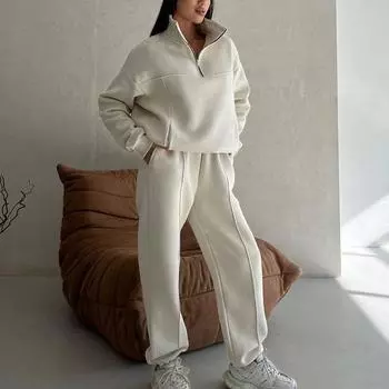 Осень-зима, новые спортивные костюмы, женские толстовки на молнии с воротником-стойкой, комплекты из 2 предметов, однотонные повседневные женские брюки S темно-синий