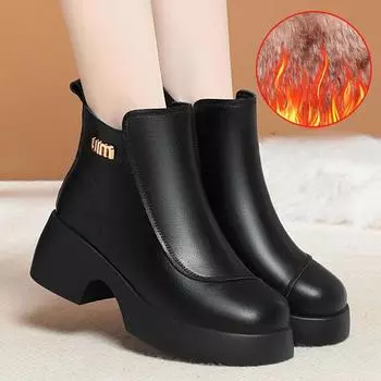 Осень-зима Новые теплые женские сапоги из хлопка в британском стиле с круглым носком и боковой молнией телесного цвета на толстом каблуке плюс короткие бархатные сапоги 35 чёрный