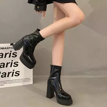 Осень-зима Новые толстые высокие каблуки на платформе ботильоны женские эластичные ткани круглый носок молния сзади женские сексуальные короткие сапоги 35