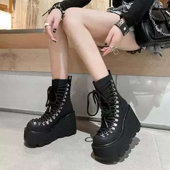 Осень-зима Новые тонкие 10 см каблуки танкетки толстые подошвы платформа перекрещивающиеся спилок кожа женские панк современные ботинки до середины икры 35