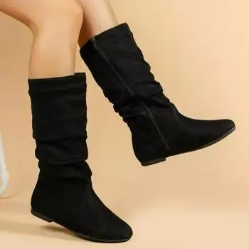 Осень-зима Новые туфли на плоской подошве больших размеров для женщин, модные высокие сапоги с боковой молнией, винтажные повседневные женские сапоги для верховой езды 36 чёрный