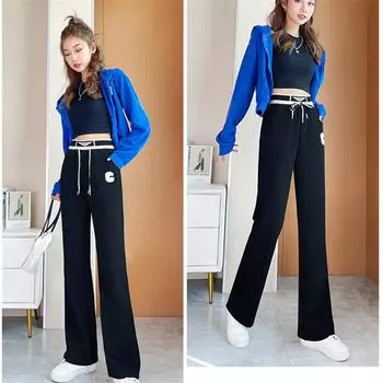 Осень-зима, новые винтажные свободные однотонные повседневные брюки с высокой талией в стиле Харадзюку, модные брюки-клеш, женские утепленные широкие брюки на шнуровке S чёрный