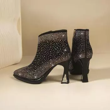 Осень-зима Новые женские ботильоны на тонком каблуке со стразами, модные черные дизайнерские туфли на мягкой подошве, сексуальные женские туфли на высоком каблуке 35