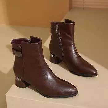 Осень-зима Новые женские ботильоны Сексуальные остроносые туфли с боковой молнией на среднем каблуке Женская мода Офис Тренд Современные ботинки 35
