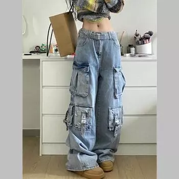 Осень-зима Новые женские джинсы-карго в американском уличном стиле, мешковатые брюки-карго для женщин, синие джинсы с множеством карманов и широкими штанинами для женщин S