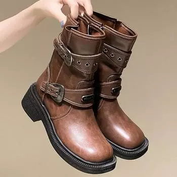 Осень-зима, новые женские модные элегантные короткие сапоги с пряжкой на ремне в стиле панк, коричневые, квадратные, 5 см, очень повседневные женские туфли 35 коричневый