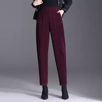 Осень-зима Новые женские модные флисовые однотонные карманы повседневные универсальные свободные эластичные шаровары с высокой талией M вино красного