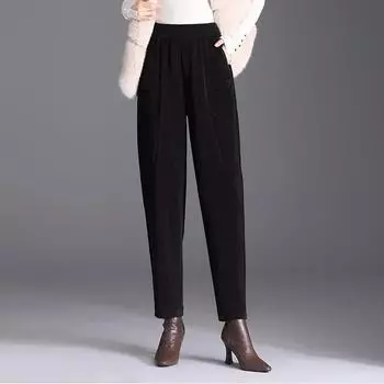 Осень-зима Новые женские модные флисовые однотонные карманы повседневные универсальные свободные эластичные шаровары с высокой талией M коричневый