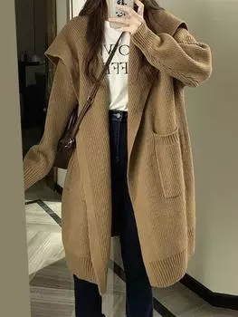 Осень-зима, новый большой лацкан, ленивый стиль, длинный универсальный свитер, пальто, большой размер, толстый вязаный кардиган, женская корейская шикарная повседневная одежда One Size коричневый