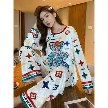 Осень-зима новый цветной медведь золотистый пижама женский комплект корейский бархат волосы брюки домашняя одежда круглый вырез M