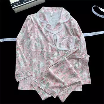 Осень-зима, новый цветочный принт, комплект из двух предметов, французская милая модная женская пижама, повседневная универсальная модная домашняя одежда M