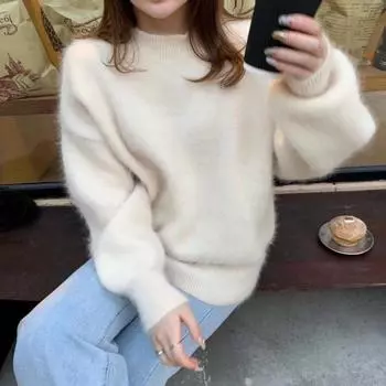 Осень-зима, новый джемпер из искусственного норкового флиса, свитер, женский модный теплый свободный утолщенный пуловер с круглым вырезом, свитер оверсайз One size бежевый