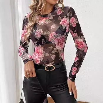 Осень/Зима Новый Элегантный Розовый Цветочный Принт Небольшой Стоячий Воротник Сетчатая Отделка Топ Женская Одежда S разноцветный