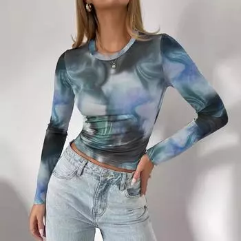 Осень/Зима Новый Элегантный Женский Сетчатый Топ с Круглым Вырезом И Длинными Рукавами Для Женщин S синий