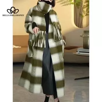 Осень-зима, новый клетчатый дафлкот, длинное свободное повседневное пальто в Корейском стиле с v-образным вырезом, ленивое пальто onesize чёрный
