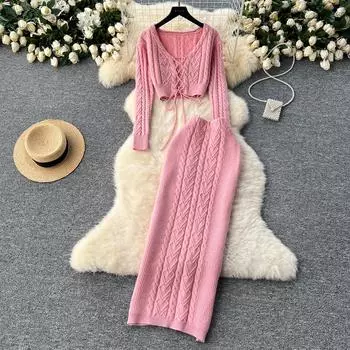 Осень-зима Новый комплект из двух частей юбка вязаный свитер топ + высокая талия жареный тесто твист свитер юбка костюм One Size бежевый