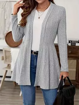 Осень-зима, новый модный однотонный ребристый женский кардиган с длинными рукавами, повседневный топ S серый