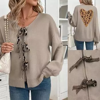 Осень-зима, новый модный повседневный кардиган с галстуком-бабочкой, свитер в форме сердца с леопардовым принтом, вязаные свитера в стиле пэчворк для женщин S