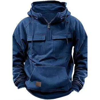 Осень-зима, новый мужской однотонный свитер с капюшоном, европейско-американский молодежный спортивный свитер с несколькими карманами, пальто S чёрный