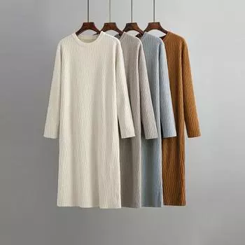 Осень-зима, новый однотонный свободный свитер с круглым вырезом и длинными рукавами, шикарное вязаное платье OneSize хаки
