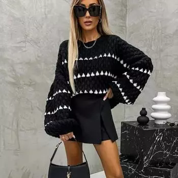 Осень Зима Новый Оверсайз Полосатый Свитер с Круглым Вырезом Женский Свободный Удобный Повседневный Пуловер Женский Модный Тренд Вязаные Свитера S чёрный