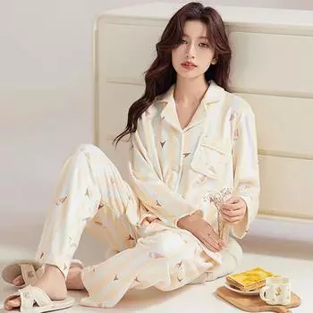 Осень-зима новый пижамный костюм женский теплый остров бархат пижамы с длинным рукавом домашняя одежда свободная ночная рубашка топ и брюки 2 шт пижамы M