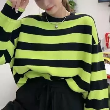 Осень-зима, новый полосатый свитер, женский вязаный свободный повседневный пуловер, джемпер one size жёлтый