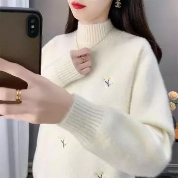 Осень-зима Новый полувысокий воротник утолщенный свитер из норки женский свободный вязаный низ однотонный топ S белый