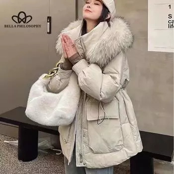 Осень-зима, новый пуховик, обтягивающая талия на шнурке, облегающая теплая куртка-паркер средней длины с большим меховым воротником и капюшоном S коричневый