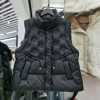 Осень-зима новый пуховик жилет корейской версии воротник-стойка талия шнурок тонкий белый жилет из утиного пуха куртка в иностранном стиле one size fits all белый