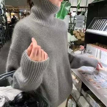 Осень-зима новый толстый кашемировый свитер женский водолазка пуловер топы однотонный теплый ленивый свободный вязаный повседневный базовый джемпер M белый