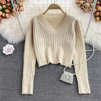Осень-зима, новый томный ветер, v-образный вырез, женский пуловер, тонкий, тонкий, с короткими рукавами, вязаный топ One Size верблюд