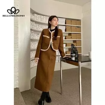 Осень-зима, новый утепленный теплый шерстяной костюм, однотонный однотонный повседневный элегантный длинный костюм в Корейском стиле S чёрный