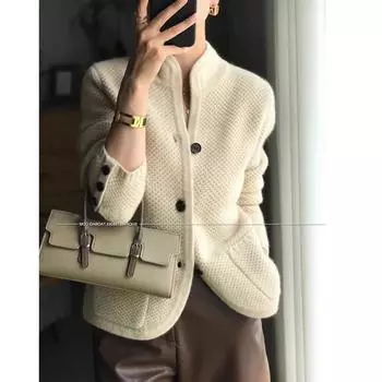 Осень-зима, новый утолщенный кардиган из 100% кашемировой шерсти, женский свитер с воротником-стойкой, свободный вязаный шерстяной свитер, куртка S бежевый