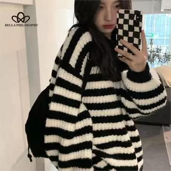 Осень-зима, новый утолщенный полосатый пуловер с круглым вырезом, свитер для студенток, свободный универсальный свитер с длинными рукавами one size чёрный