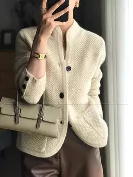 Осень-зима новый утолщенный шерстяной кардиган женский винтажный свитер со стоячим воротником свободная трикотажная основа модный дизайн свитер куртка уличная одежда XL серый