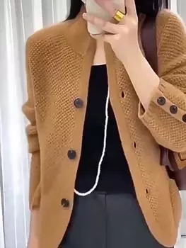 Осень-зима новый утолщенный шерстяной кардиган женский винтажный свитер со стоячим воротником свободная трикотажная основа модный дизайн свитер куртка уличная одежда L серый