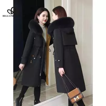 Осень-зима, новый воротник из меха енота, свободное теплое пальто из щучьего меха, повседневное утолщенное кожаное длинное пальто из меха кролика рекс со съемной подкладкой M чёрный