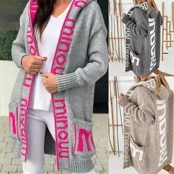 Осень-зима новый вязаный свитер тренчкот женский кардиган с буквенным принтом длинный свитер женский с длинными рукавами и капюшоном свитер пальто S серый/белый